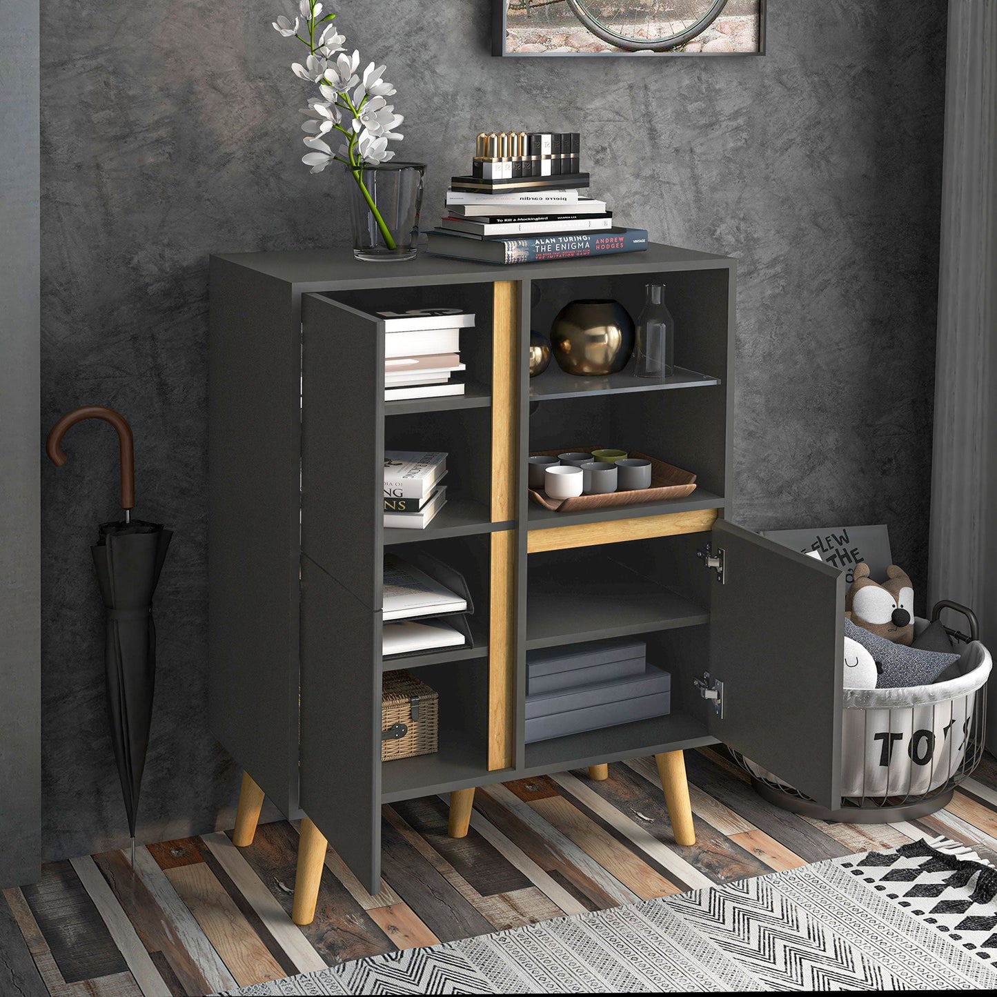 HOMCOM Storage Cabinet Sideboard with Tempered Glass Adjustable Shelves and Solid Wood Legs