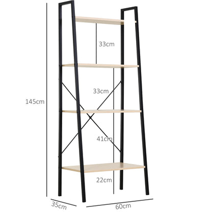 HOMCOM Ladder Shelf, Bookshelf, 4-Tier Industrial Storage Rack for Living Room, Bedroom, Kitchen, Oak and Black