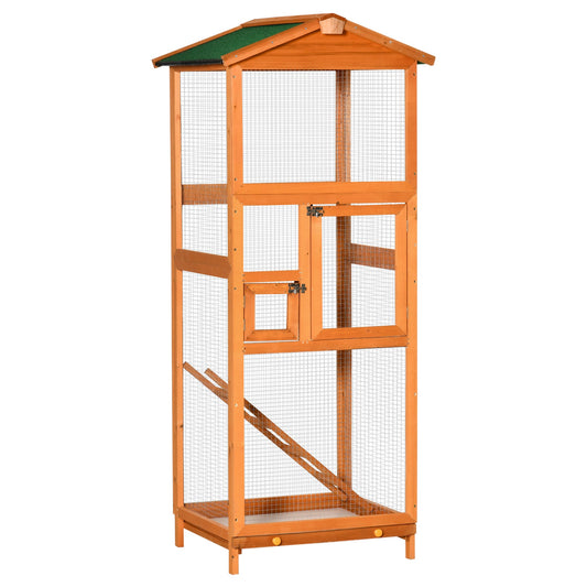 PawHut Wooden Bird Aviary Cages Outdoor Finches Birdcage with Pull Out Tray 2 Doors, Orange