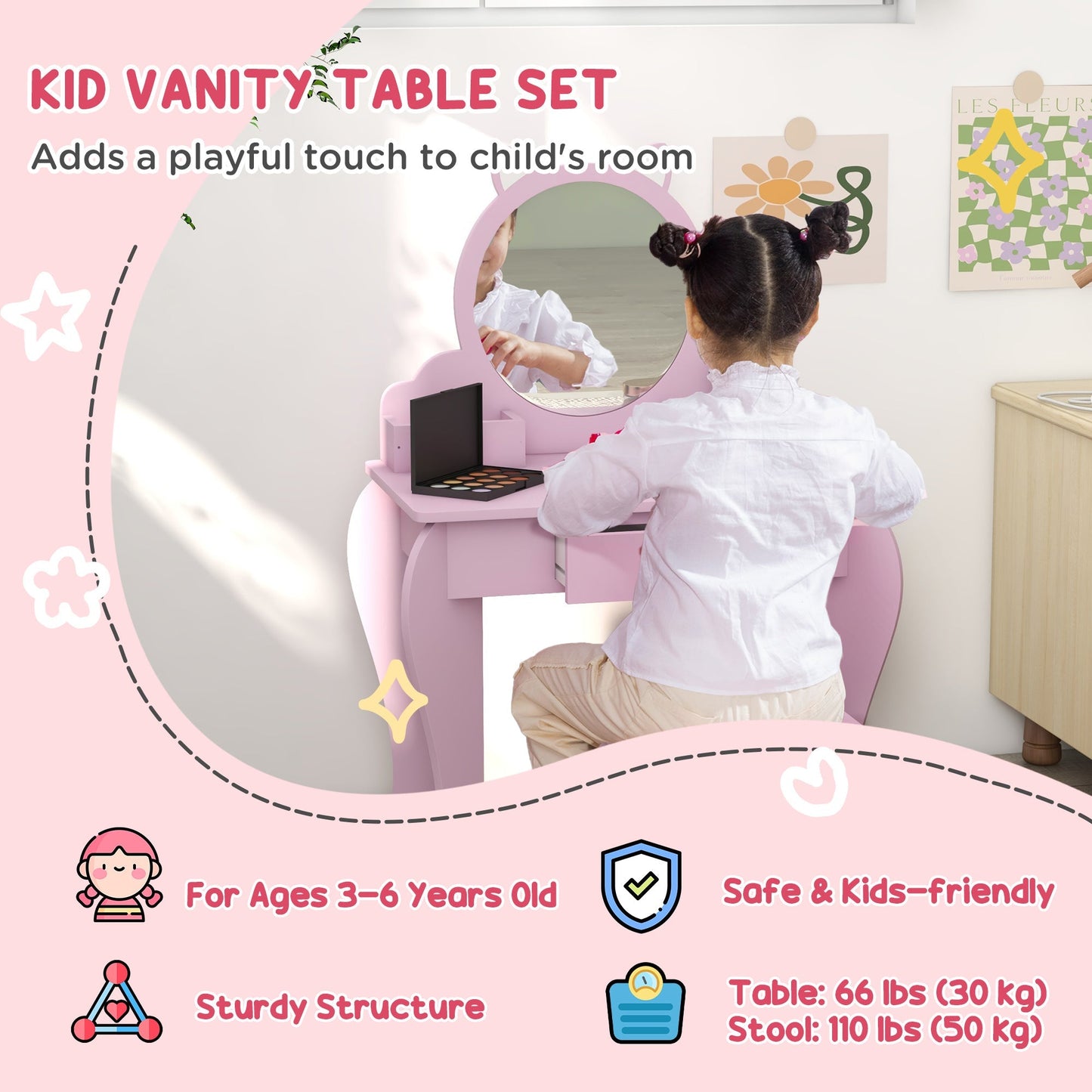 ZONEKIZ Wooden Kids Bedroom Furniture Set with Kids Dressing Table, Stool, Bed, for 3-6 Years, Cat-Design