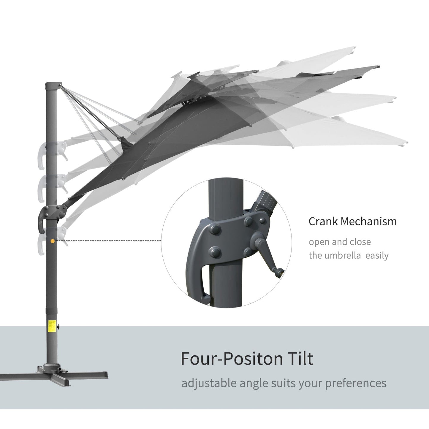 Outsunny 3m Cantilever Parasol w/ Solar Lights Power Bank Cross Base Adjustable Canopy 360° Spin Outdoor Garden Umbrella 2-Tier Roof Sun Shade Grey