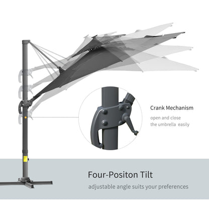 Outsunny 3m Cantilever Parasol w/ Solar Lights Power Bank Base 360¡ Spin Dark Grey