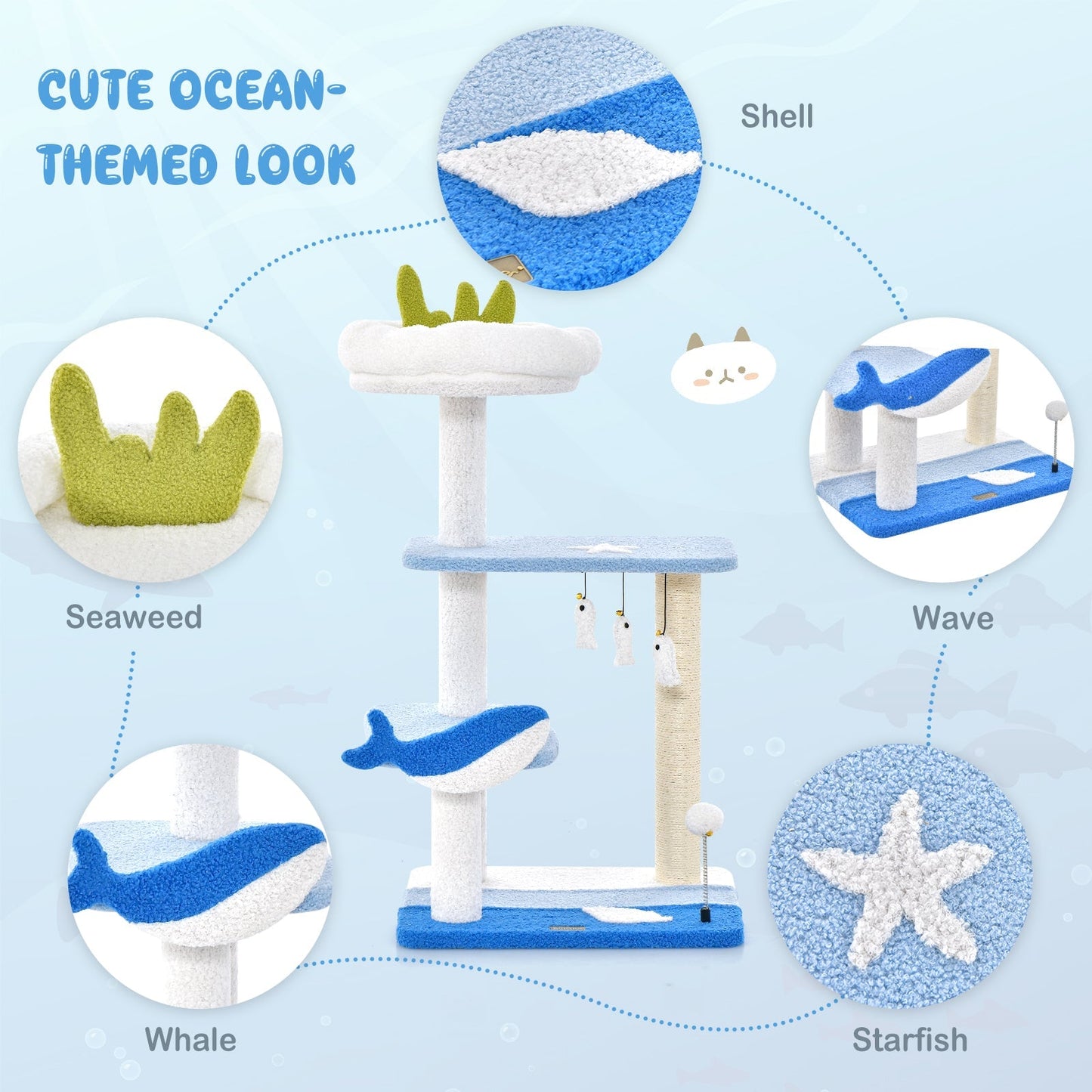 Ocean-themed Cat Tree with Scratching Posts and Hanging Toys-Blue