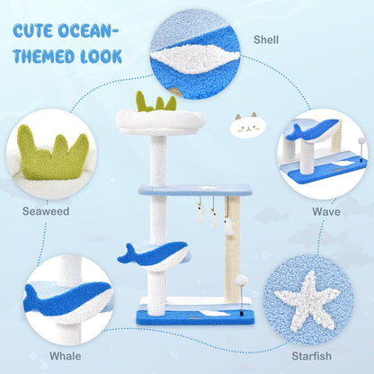 Ocean-themed Cat Tree with Scratching Posts and Hanging Toys-Blue