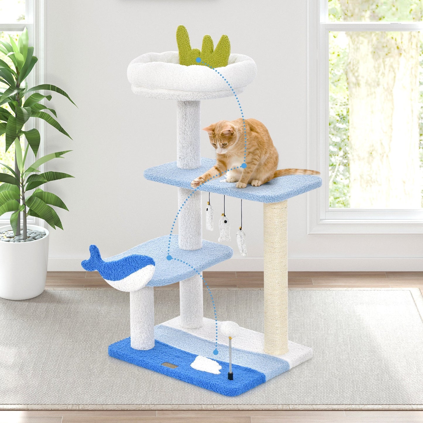 Ocean-themed Cat Tree with Scratching Posts and Hanging Toys-Blue