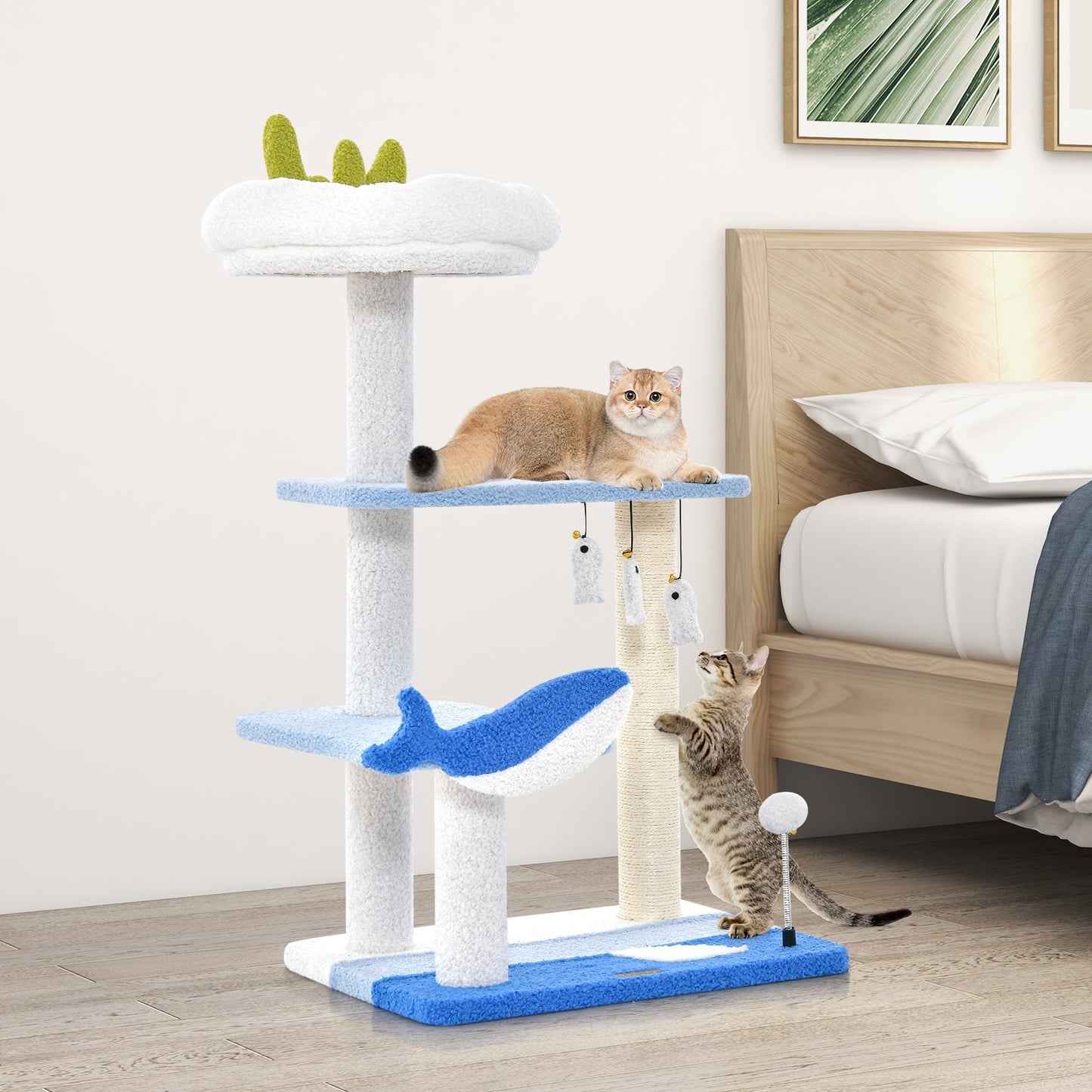 Ocean-themed Cat Tree with Scratching Posts and Hanging Toys-Blue