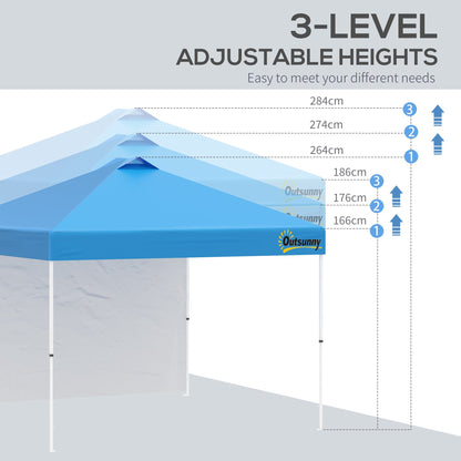 خيمة Outsunny 3x(3)M المنبثقة مع جدار جانبي واحد وحقيبة دوارة وارتفاع قابل للتعديل، خيمة مأوى للمناسبات للحديقة والفناء باللون الأزرق