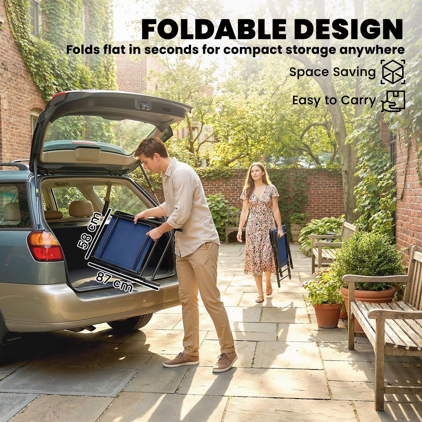 Outsunny Folding Garden Chairs Set of 4, Foldable Garden Dining Chairs with High Back, Armrests, Texteline Seat, Navy Blue