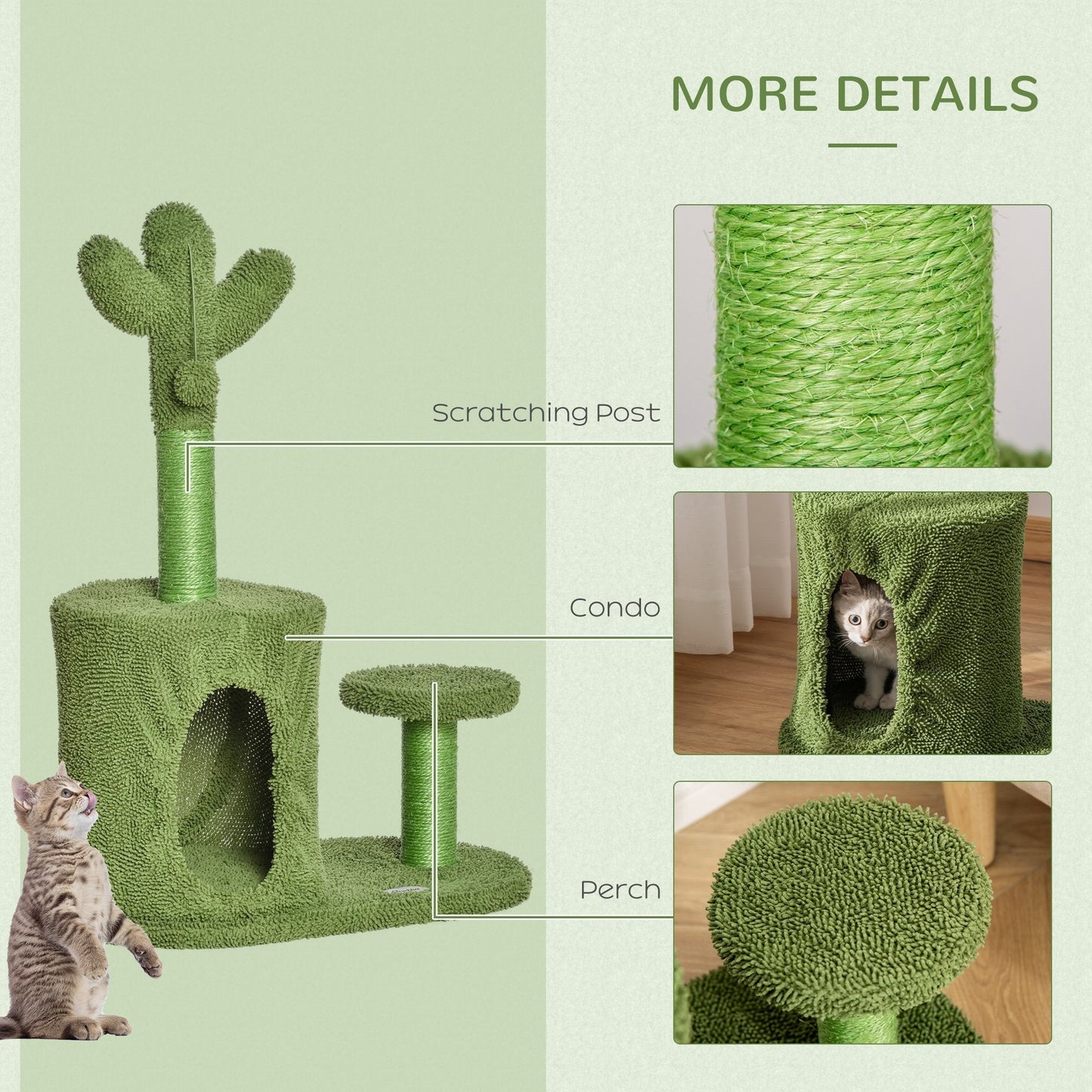 PawHut Cat Tree Tower Cactus Shape with Scratching Post Condo Perch Dangling Ball Kitten Toy Play House Activity Center