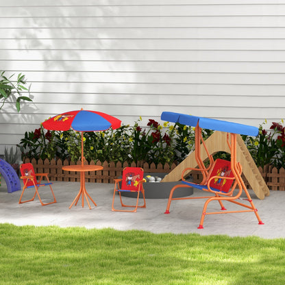 Outsunny 4 Piece Kids Garden Furniture Set With Adjustable Canopy, Cowboy Themed, Kids Garden Table and Chair Set - Ages 3-6 Years - Red and Blue