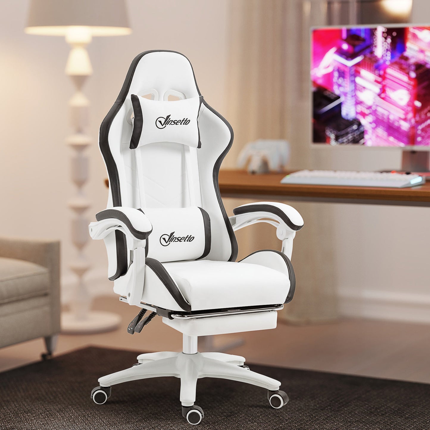 Vinsetto Computer Gaming Chair, PU Leather Office Desk Chair with Footrest, Swivel Wheels, 135 Reclining Back, Lumbar Support, Headrest for Home, White and Black