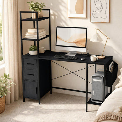 Office Desk with LED Lights and Power Outlets CPU Stand for Home Office-Black
