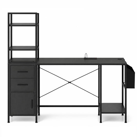 Office Desk with LED Lights and Power Outlets CPU Stand for Home Office-Black