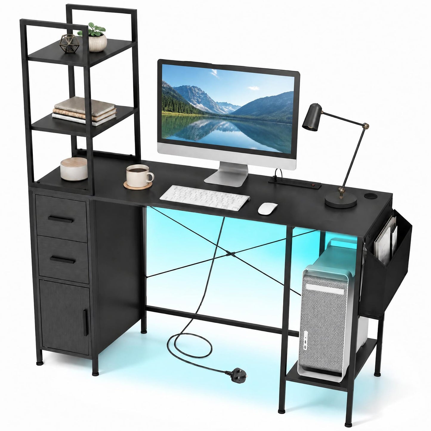 Office Desk with LED Lights and Power Outlets CPU Stand for Home Office-Black