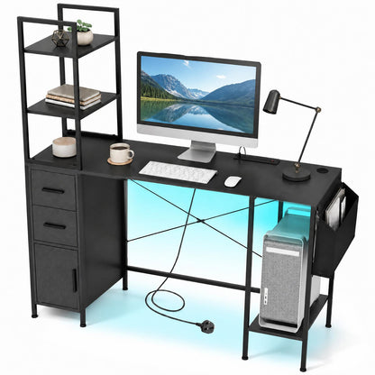 Office Desk with LED Lights and Power Outlets CPU Stand for Home Office-Black