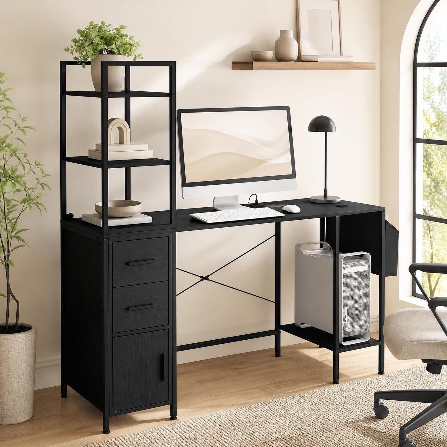Office Desk with LED Lights and Power Outlets CPU Stand for Home Office-Black