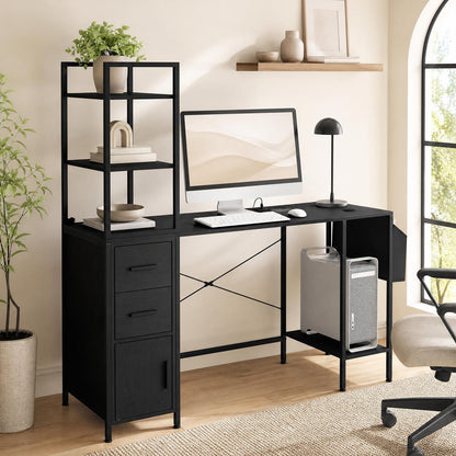 Office Desk with LED Lights and Power Outlets CPU Stand for Home Office-Black