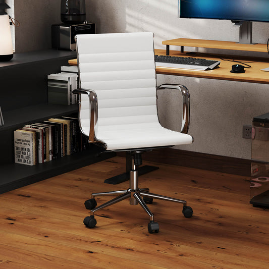 Ribbed Executive Office Chair Adjustable Swivel PU Leather Conference Chair-White