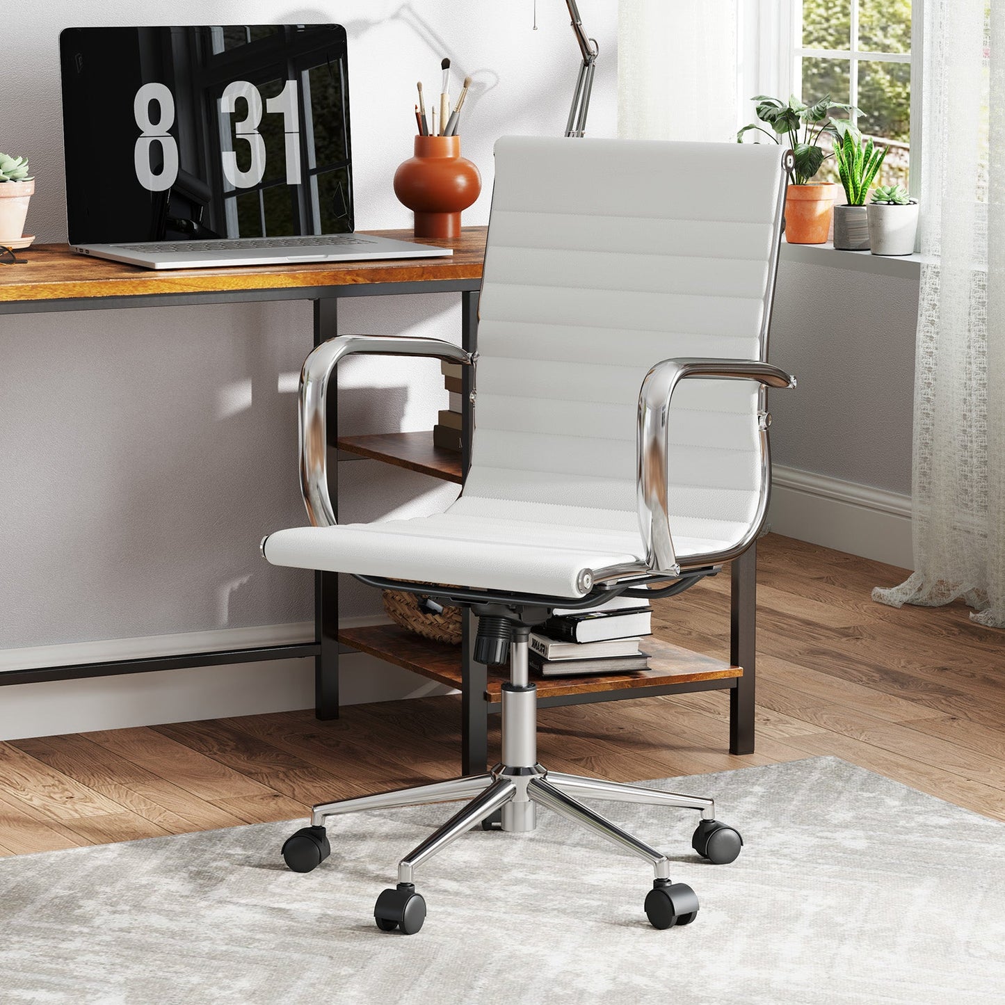 Ribbed Executive Office Chair Adjustable Swivel PU Leather Conference Chair-White