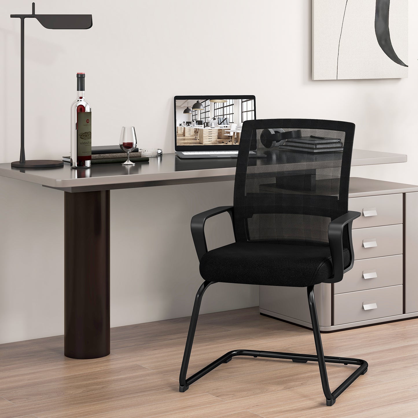 Conference Reception Chair with Lumbar Support and Sled Base-Black