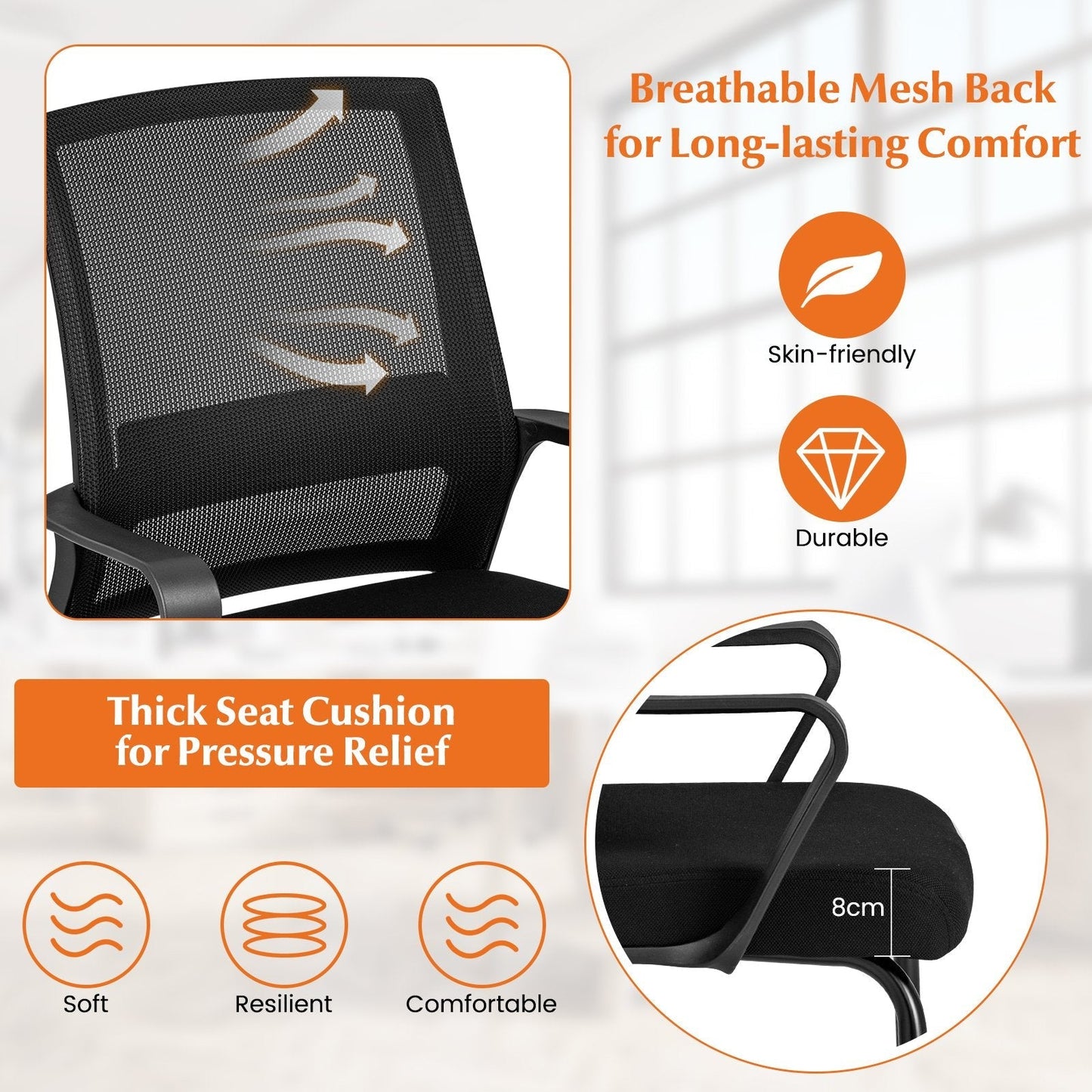 Conference Reception Chair with Lumbar Support and Sled Base-Black