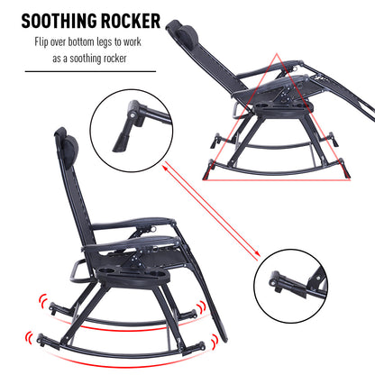 كرسي هزاز قابل للطي للحديقة من Outsunny، كرسي استرخاء خارجي مع نسيج شبكي، مقعد مضاد للجاذبية مع مسند للرأس، صينية حامل أكواب، أسود