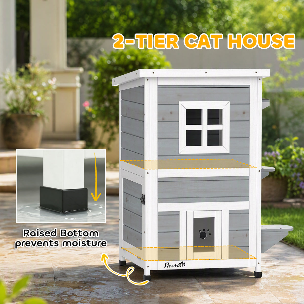 PawHut Wooden Cat House 2-Floor Outdoor Kitten Shelter with 3 Doors and Window Grey