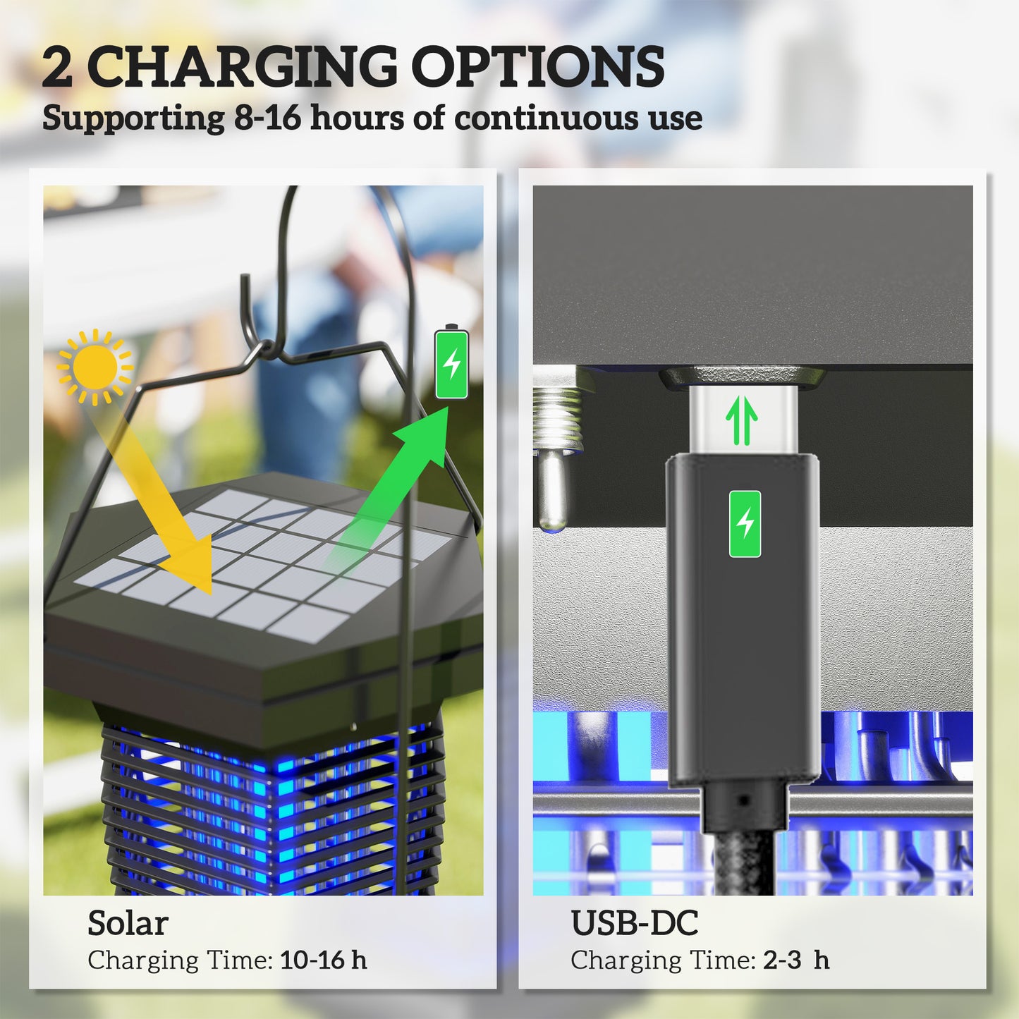 Elektryczna pułapka na muchy Outsunny 2 w 1 z lampą UVA, wisząca lampa ogrodowa, solarna i ładowana przez USB-DC, pułapka na owady i komary, do użytku wewnątrz i na zewnątrz, czarna
