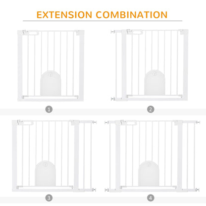 بوابة PawHut للكلاب مع حاجز بوابة أمان للحيوانات الأليفة بغطاء للقطط، تناسب ضغط الدرج، إغلاق تلقائي، قفل مزدوج، للمداخل والممرات، 75-103 سم أبيض