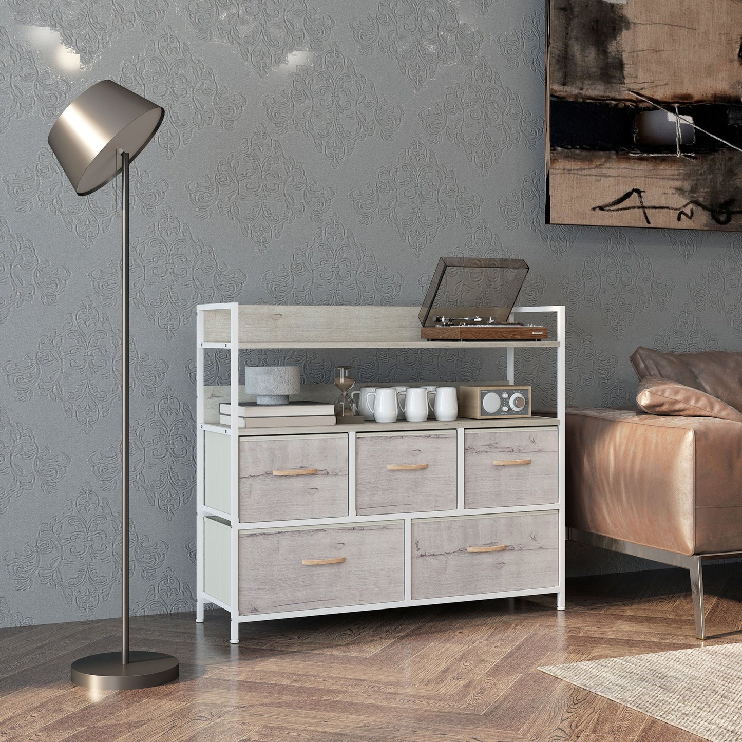 HOMCOM Rustic Chest of Five Fabric Drawers - Natural