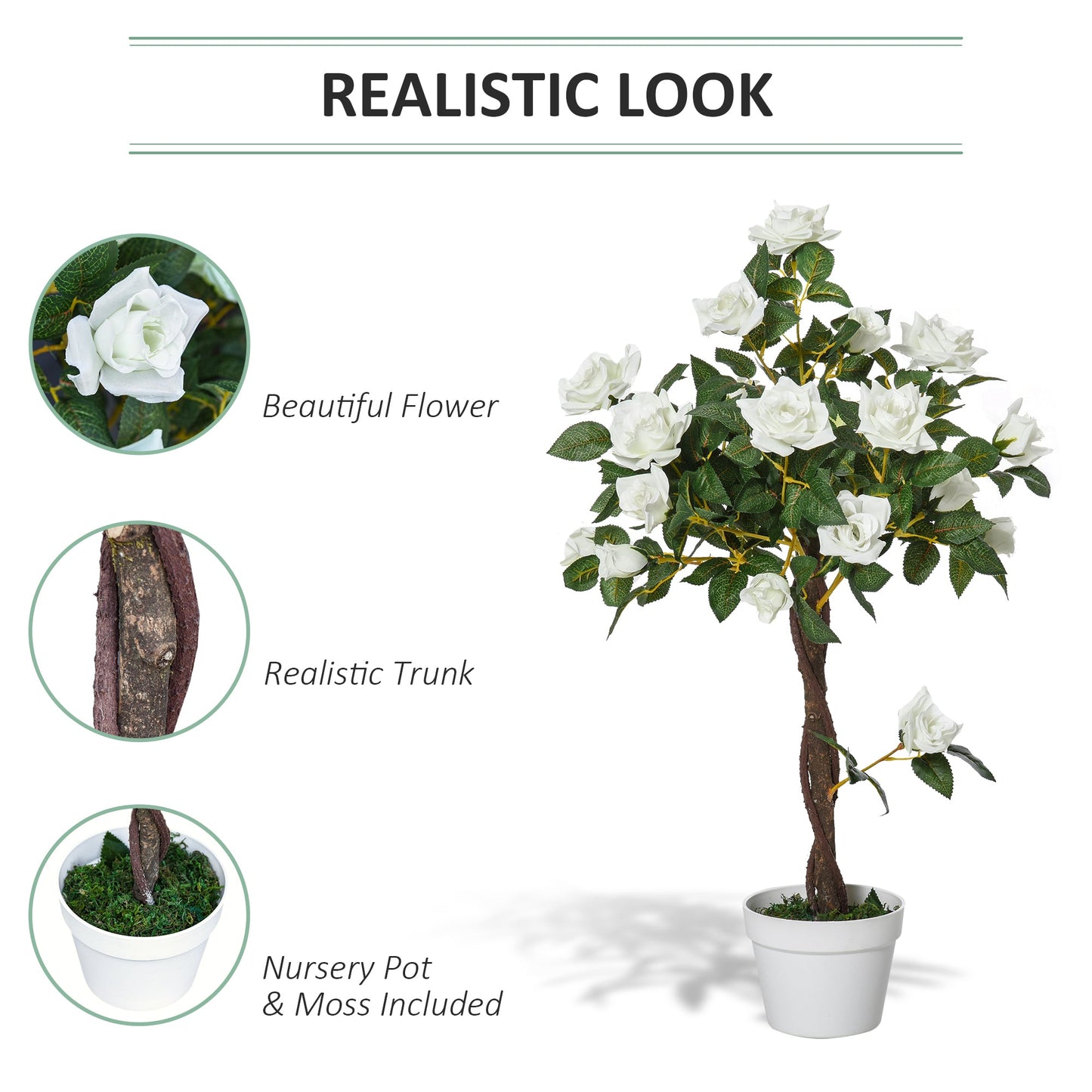 Outsunny Artificial Plants White Rose Floral in Pot, Fake Plants for Home Indoor Decor, 90cm