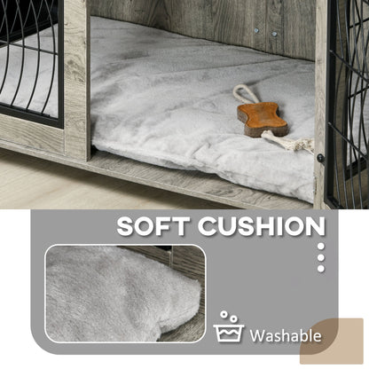 PawHut Indoor Dog Crate Furniture End Table with Soft Washable Cushion, Lockable Front Door, for Extra Large Dogs - Grey