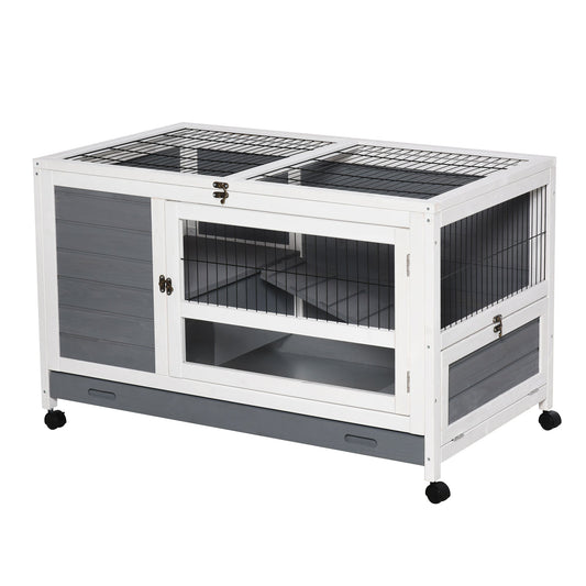 PawHut Wooden Rabbit Hutch Elevated Pet Bunny House Rabbit Cage with Slide-Out Tray Indoor Grey