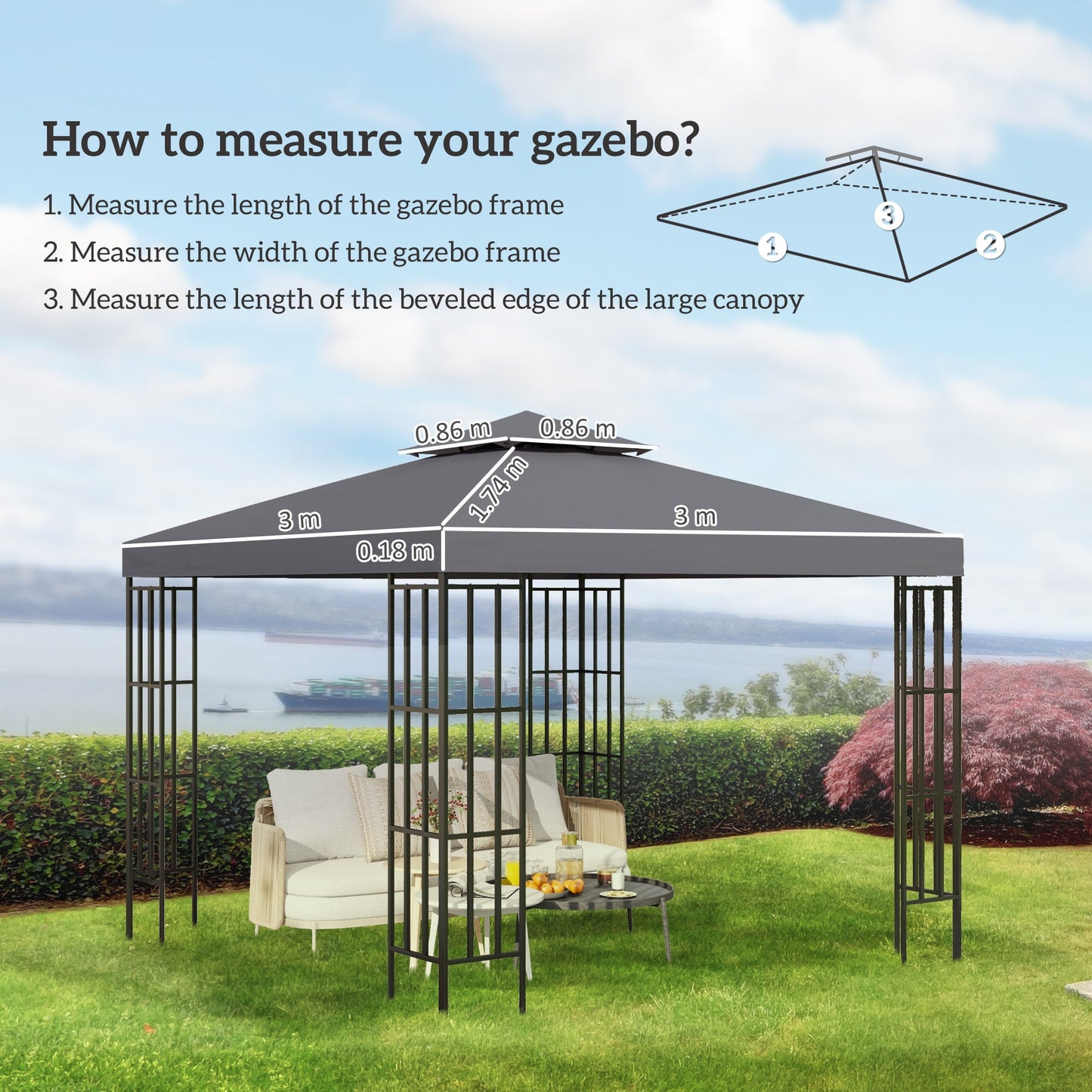 Outsunny 3(m) Gazebo Top Cover Double Tier Canopy Replacement Pavilion Roof Deep Grey