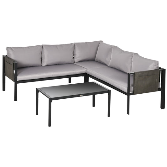 Outsunny 4-częściowy metalowy zestaw mebli ogrodowych ze stolikiem kawowym ze szkła hartowanego, przewiewna kieszeń z siatki, narożna sofa do rozmów na zewnątrz z wyściełanymi poduszkami, jasnoszary