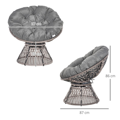 كرسي دائري من الخيزران من Outsunny يدور بزاوية 360 درجة مع سلة من الخيزران للحديقة مع وسادة مبطنة كبيرة الحجم للاستخدام في الأماكن الخارجية والداخلية، باللون الرمادي
