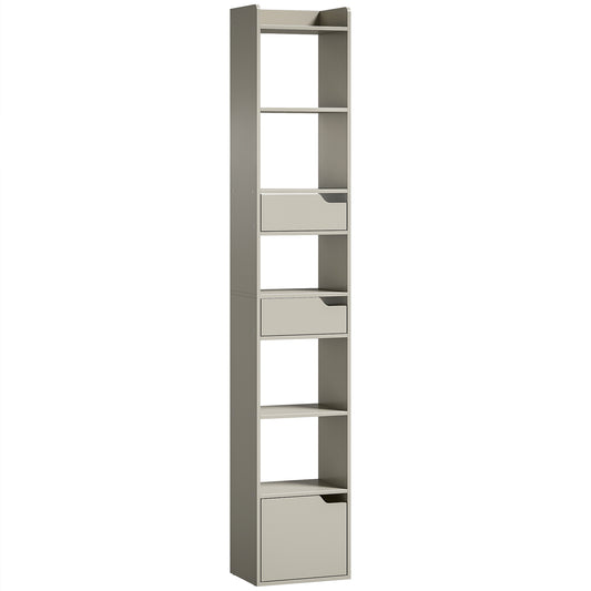 HOMCOM Bookcase Tall Narrow with 5 Tiers and Drawers Freestanding Bookshelf Storage Cabinet for Living Room Grey