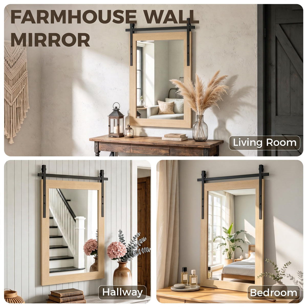 HOMCOM 86.5 x 61 cm Rectangle Mirror, Farmhouse Wall Mirror for Living Room, Bedroom, Hallway, White Oak