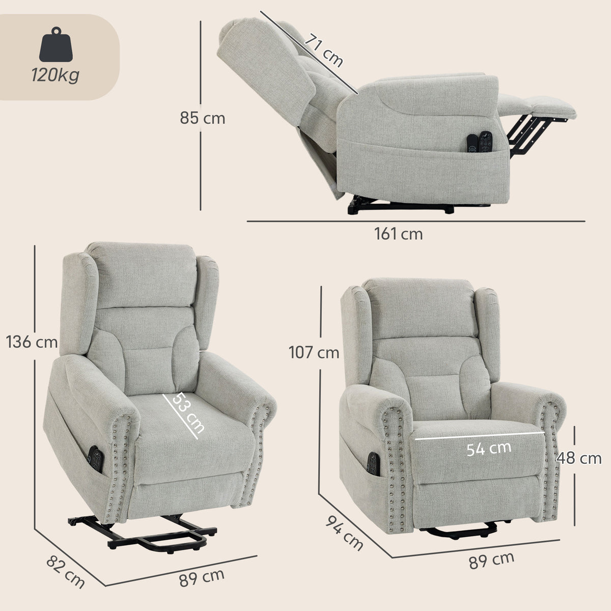 HOMCOM Riser Recliner Chair with Massage and Heat, Chenille Electric Power Lift Recliner Chair, Light Grey