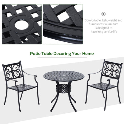 85cm Round Garden Table with Umbrella Hole, Aluminium Grid Motif Outdoor Dining Table for Garden Patio, Black