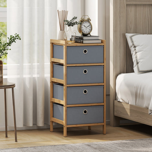 HOMCOM Chest of Drawers, 4 Fabric Drawers Narrow Dresser with Bamboo Frame, Light Grey