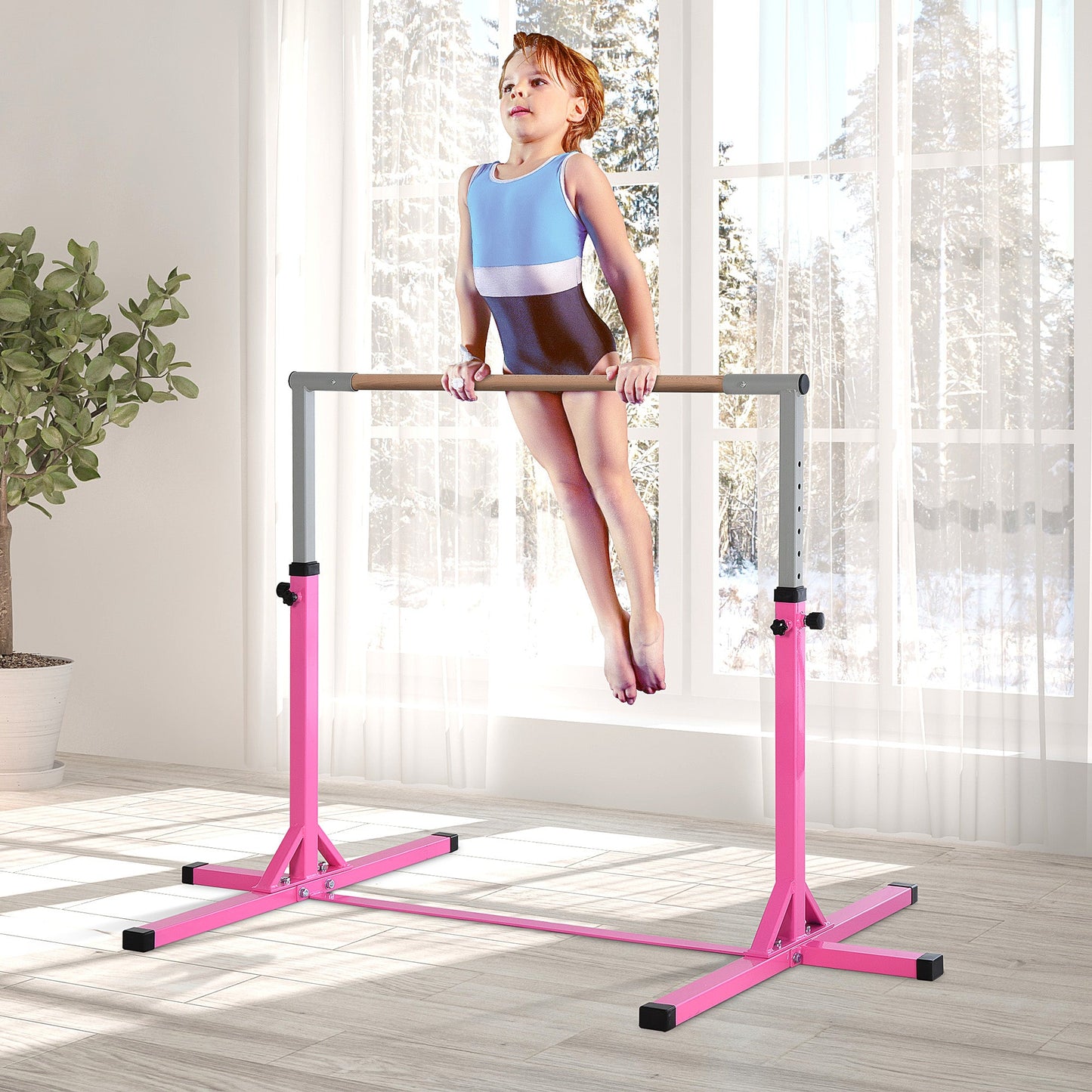 HOMCOM Height Adjustable Gymnastics Horizontal Bar For Kids Home Gym Training Children Junior Kip High Bar Fitness Pink