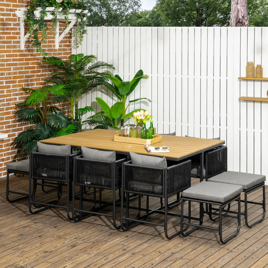 Zestaw mebli ogrodowych Outsunny 10 Seater Rattan Cube, zestaw jadalny z rattanu z poduszkami, stół jadalny i krzesła do użytku na zewnątrz z 6 fotelami, 4 stołkami, prostokątny stół z plastikowym blatem o strukturze drewna, czarny