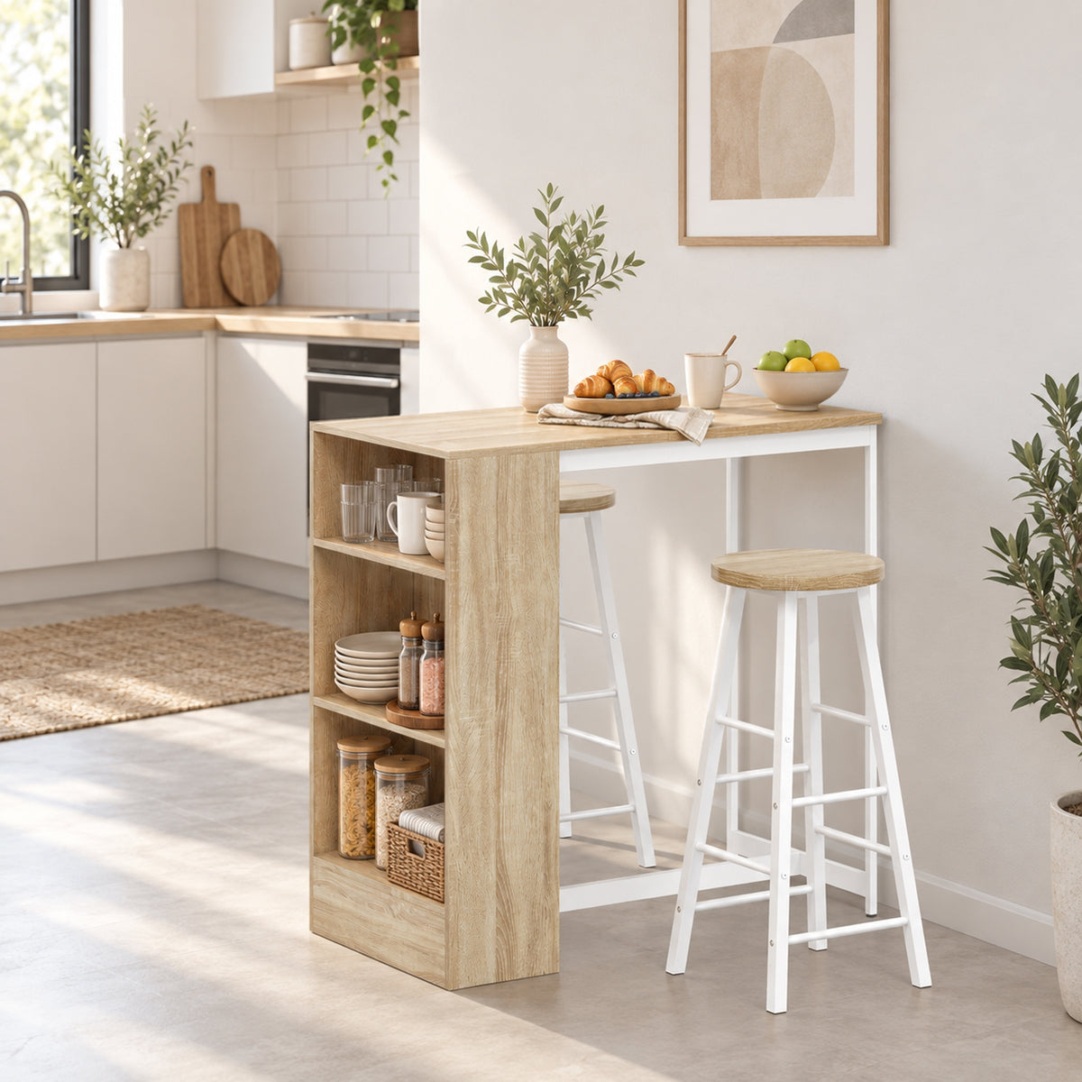 HOMCOM Breakfast Bar Table and Stools Set with 3 Tier Storage Shelves, Footrest and Metal Frame, 91 cm, Oak