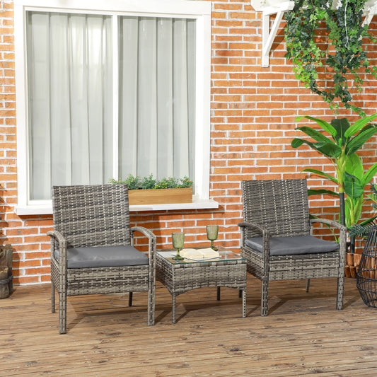Zestaw mebli ogrodowych Outsunny z rattanu, 3 elementy, stolik kawowy i krzesła ze szklanym blatem, zmywalne poduszki na zewnątrz, patio, balkon, kolor mieszany szary
