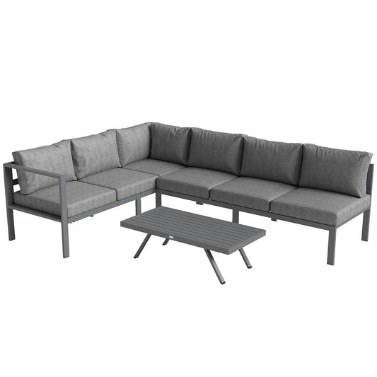 Outsunny 3 Pieces Garden Furniture Set, Aluminium Corner Lounge Set with Adjustable Backrest and Coffee Table