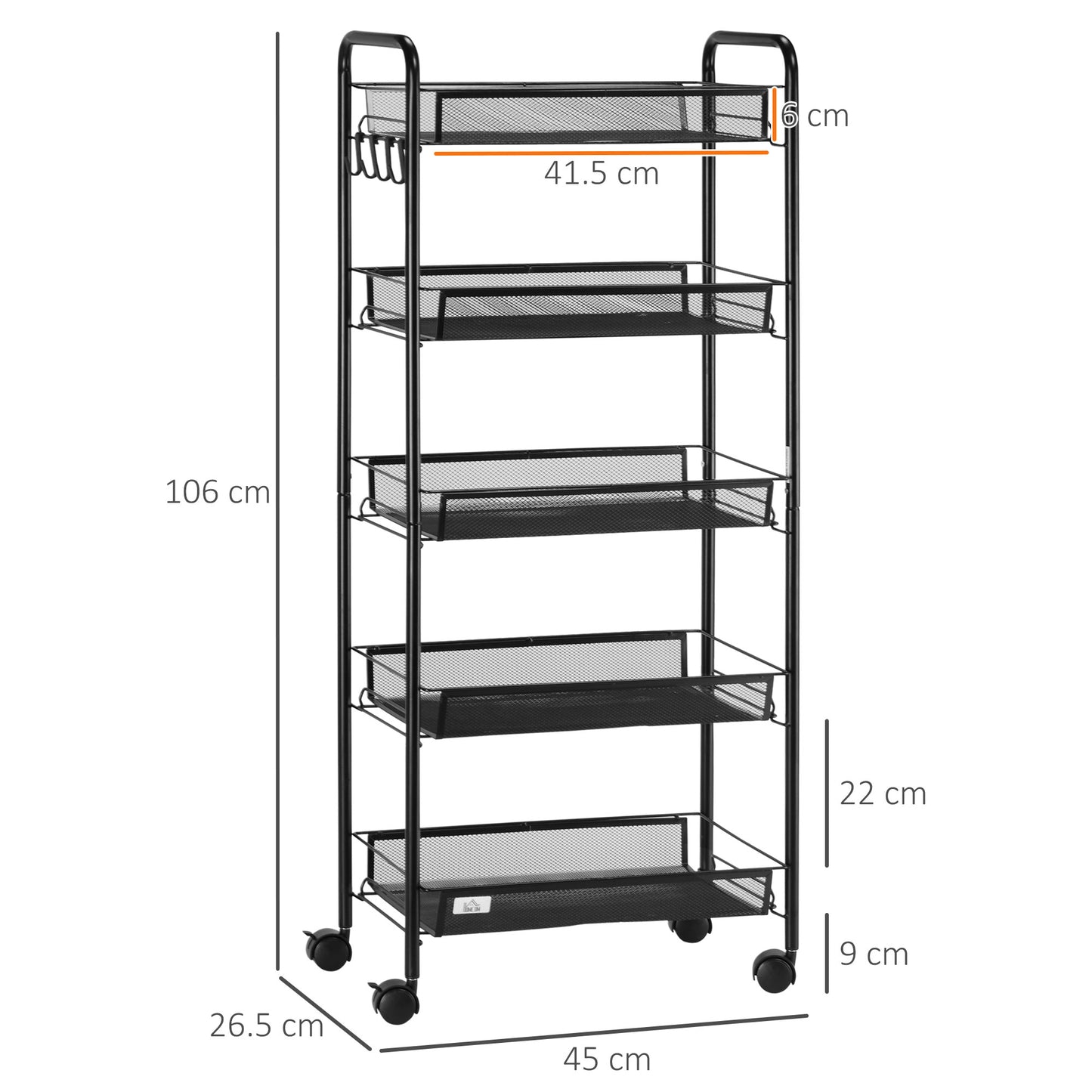 Wózek do przechowywania HOMCOM Five-Steel Mesh Basket z kółkami - czarny