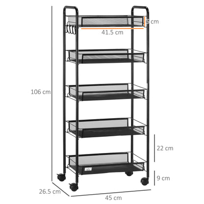 Wózek do przechowywania HOMCOM Five-Steel Mesh Basket z kółkami - czarny