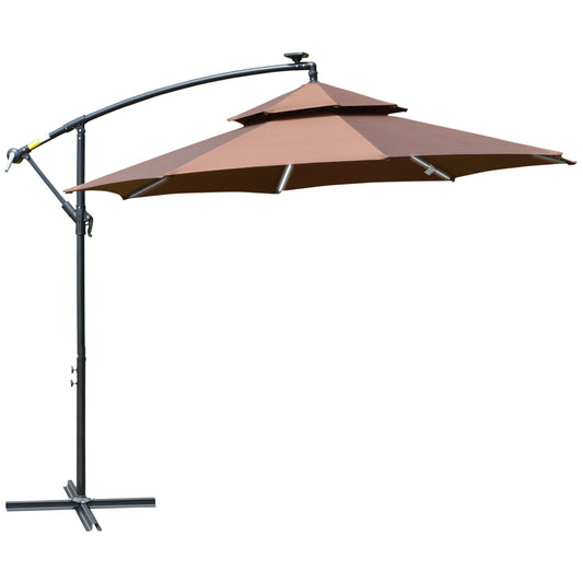 Parasol wiszący Outsunny 3(m) Cantilever Banana z podwójnym dachem, lampami solarnymi LED, korbą, 8 wytrzymałymi żebrami i podstawą krzyżową do użytku na zewnątrz, w ogrodzie, na patio, w kawiarni