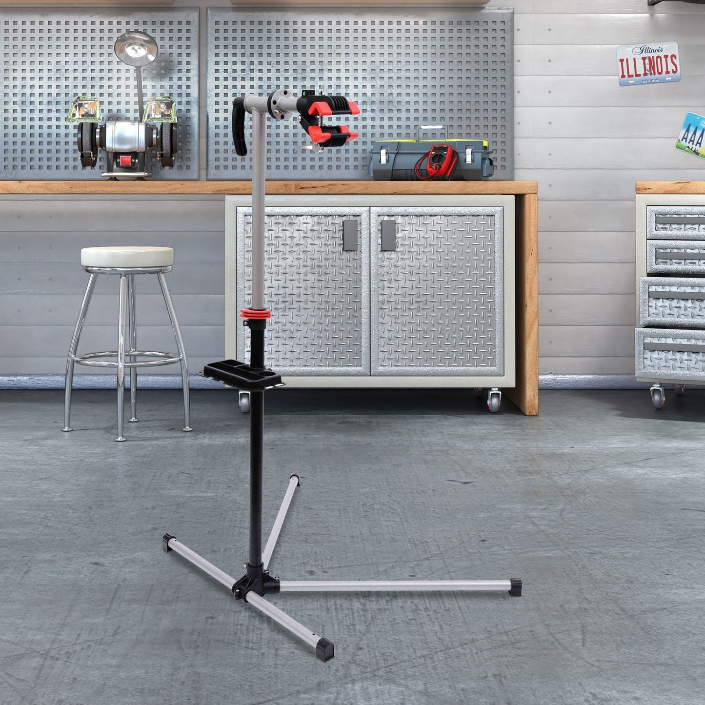 HOMCOM Bike Repair Stand Workstation, Bicycle Maintenance Workstand, Height Adjustable, with Tool Tray & 360 Rotating Adjustable Clamp for Home Mechanic Workshop
